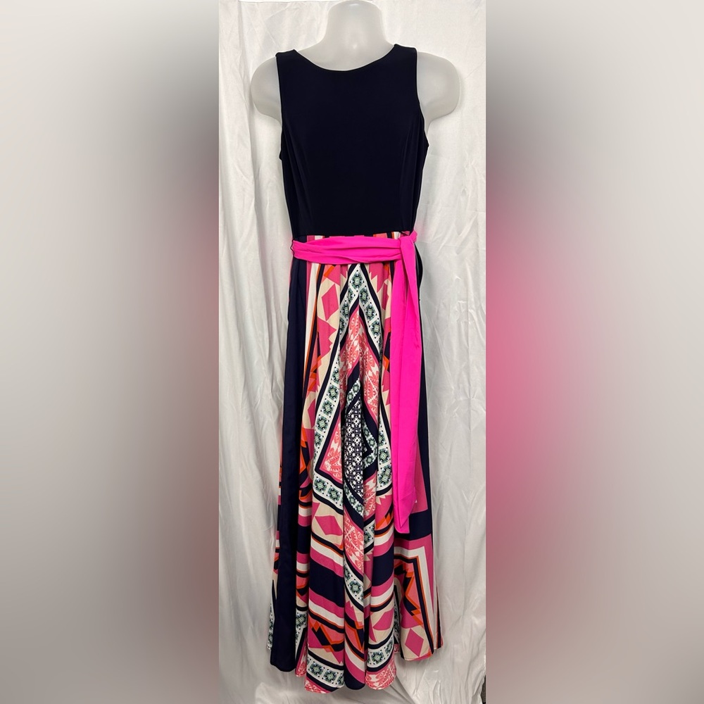 Eliza J sleeveless belted maxi dress. Navy blue and pink print. Size 10.